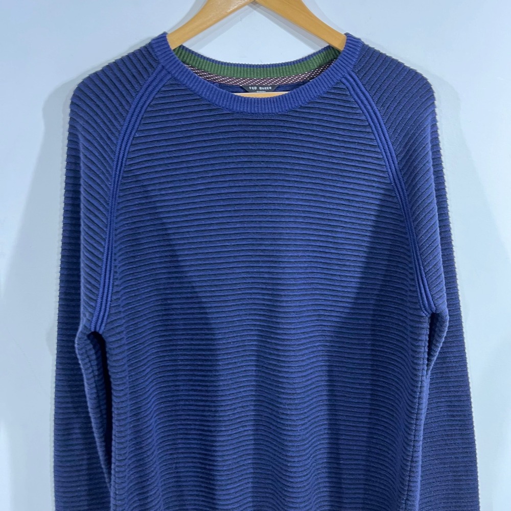 Ted Baker London Mens Navy Ribbed Old Money Crew Neck Sweater XL Quiet Luxury